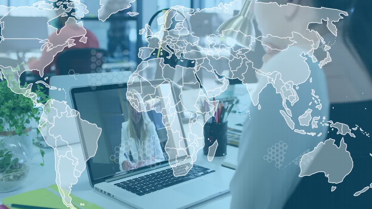 Remote speaker speaking woman listening while laptop showing world-map hex overlay for business