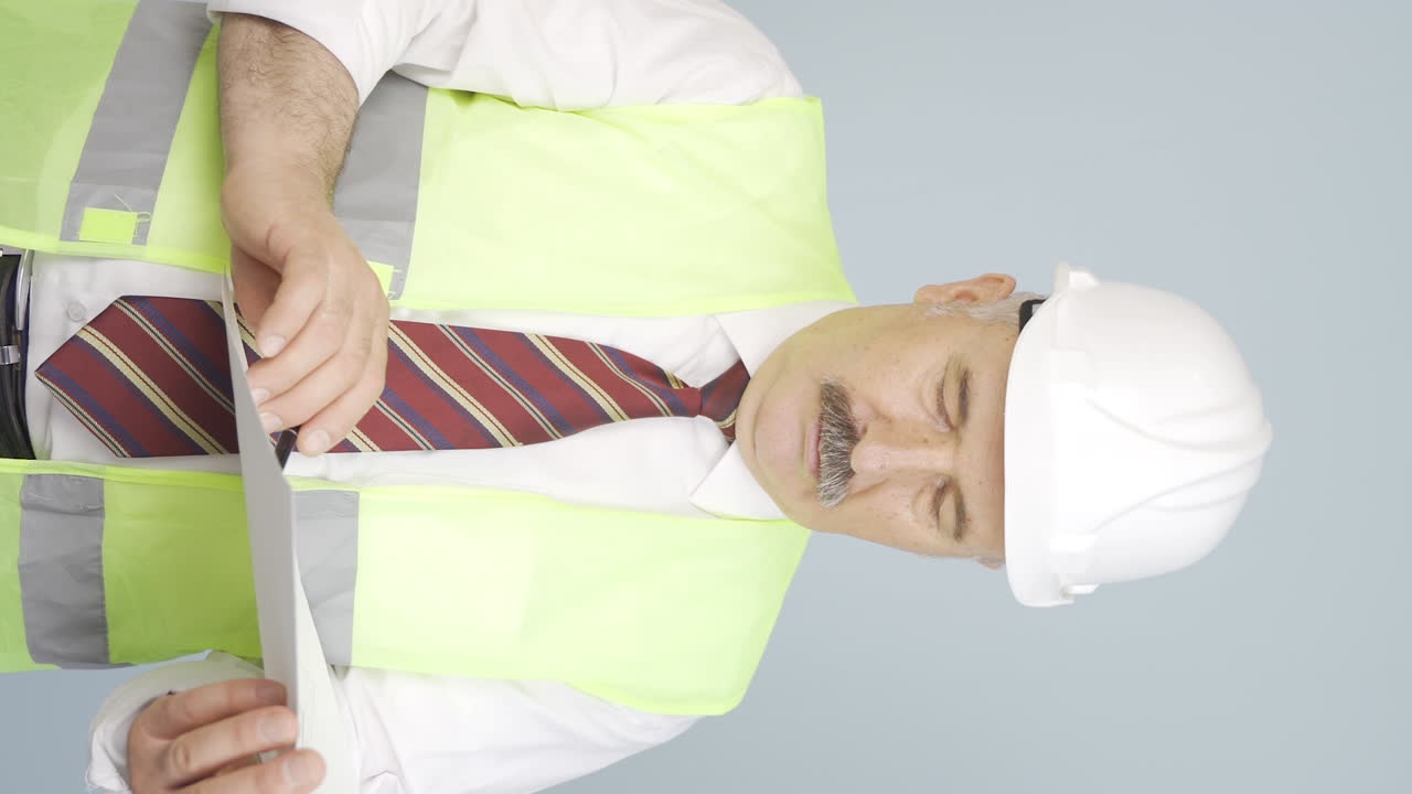 el video vertical del viejo ingeniero viendo la construcción es reflexivo.