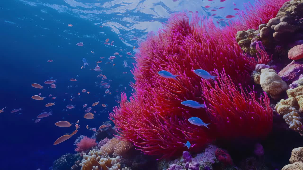 Video subacqueo che cattura una vivace barriera corallina con pesci colorati