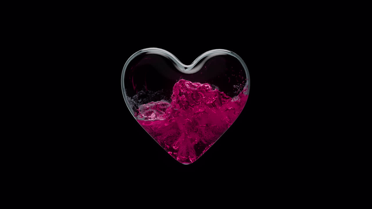 심장 모양의 유리 용기에는 알파 채널이 있는 액체가 채워져 있습니다.