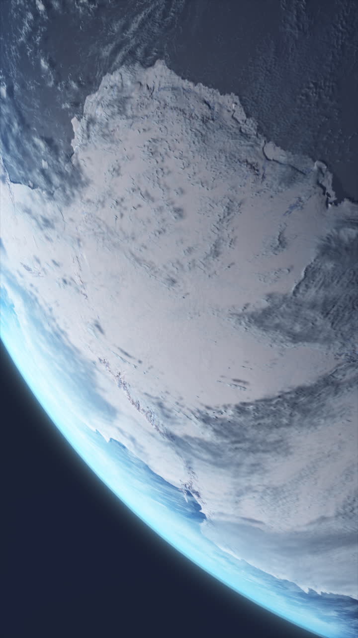 Vertical Video View from Space of Planet Earth Rotating with Antarctica as Ice Sheet Undergoes Melting Over Time Due to Climate Change. Ideal for Adding to Science Social Media Videos. 3D Animation.