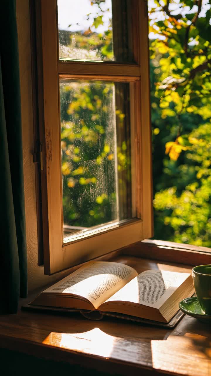 Warm, cozy scene of an open book on a windowsill with sunlight streaming through