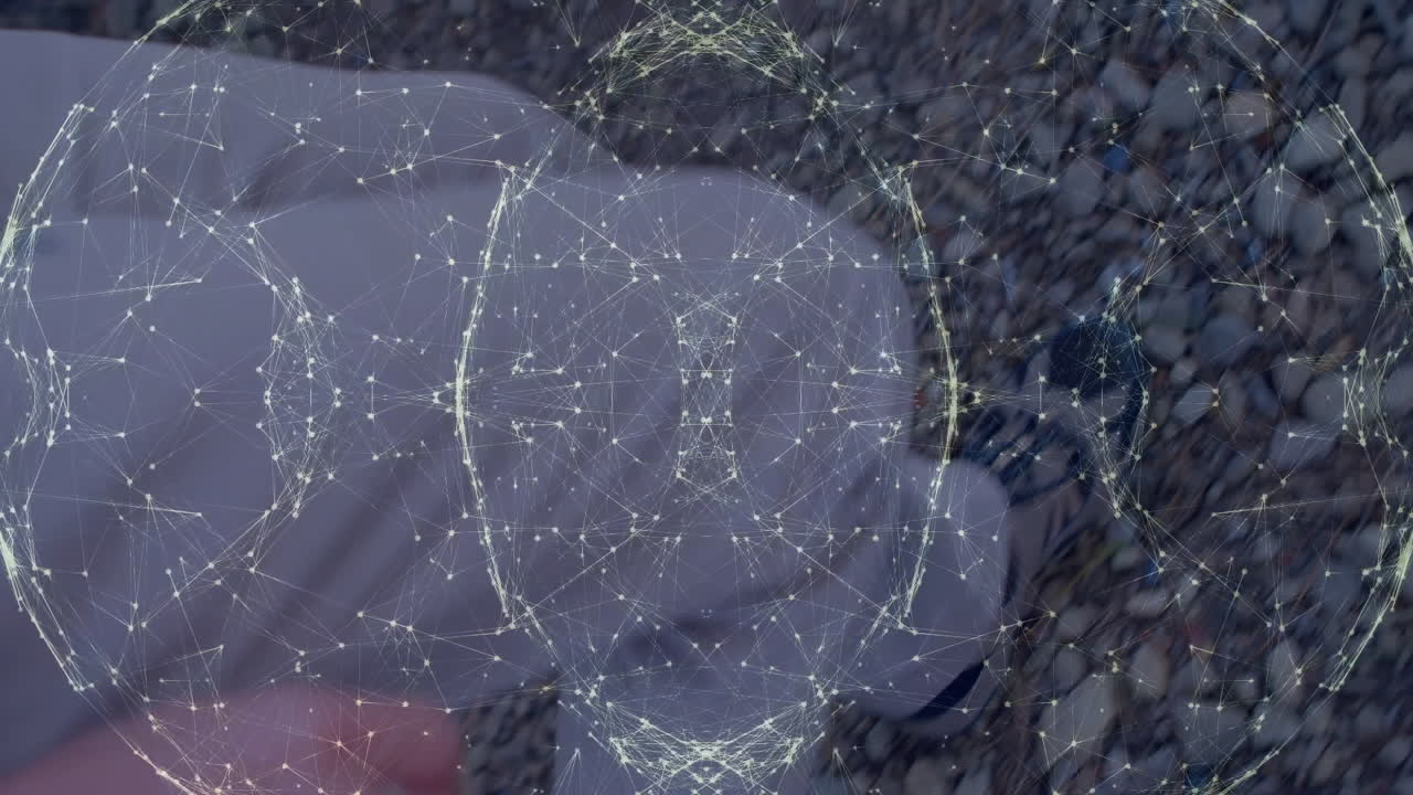 man kneeling on pebbles, featuring technology network overlay connecting glowing nodes across shoes