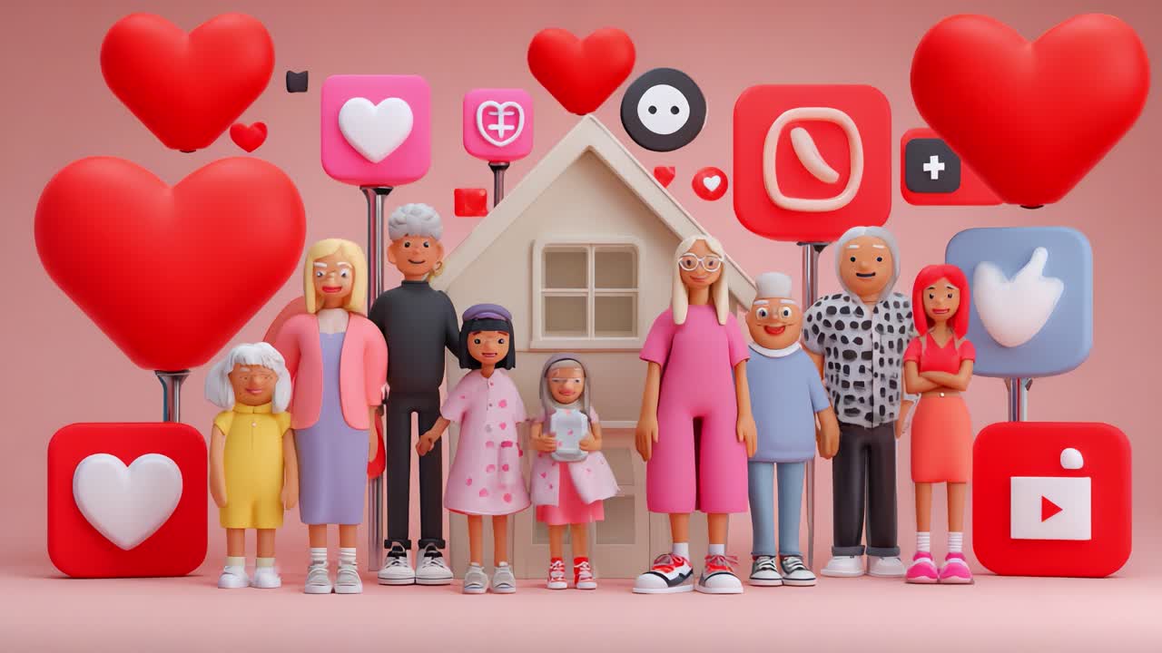 Um grupo vibrante de personagens divertidos ao redor de uma casa, celebrando a comunidade e a conectividade por meio de ícones de mídia social em uma atmosfera colorida e sincera