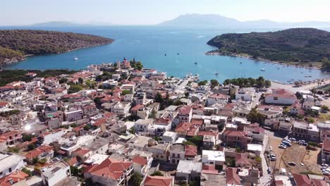 Seaside-Town-Palaia-Epidavros-in-Argolis,-Peloponnese,-Greece---Aerial-Forward