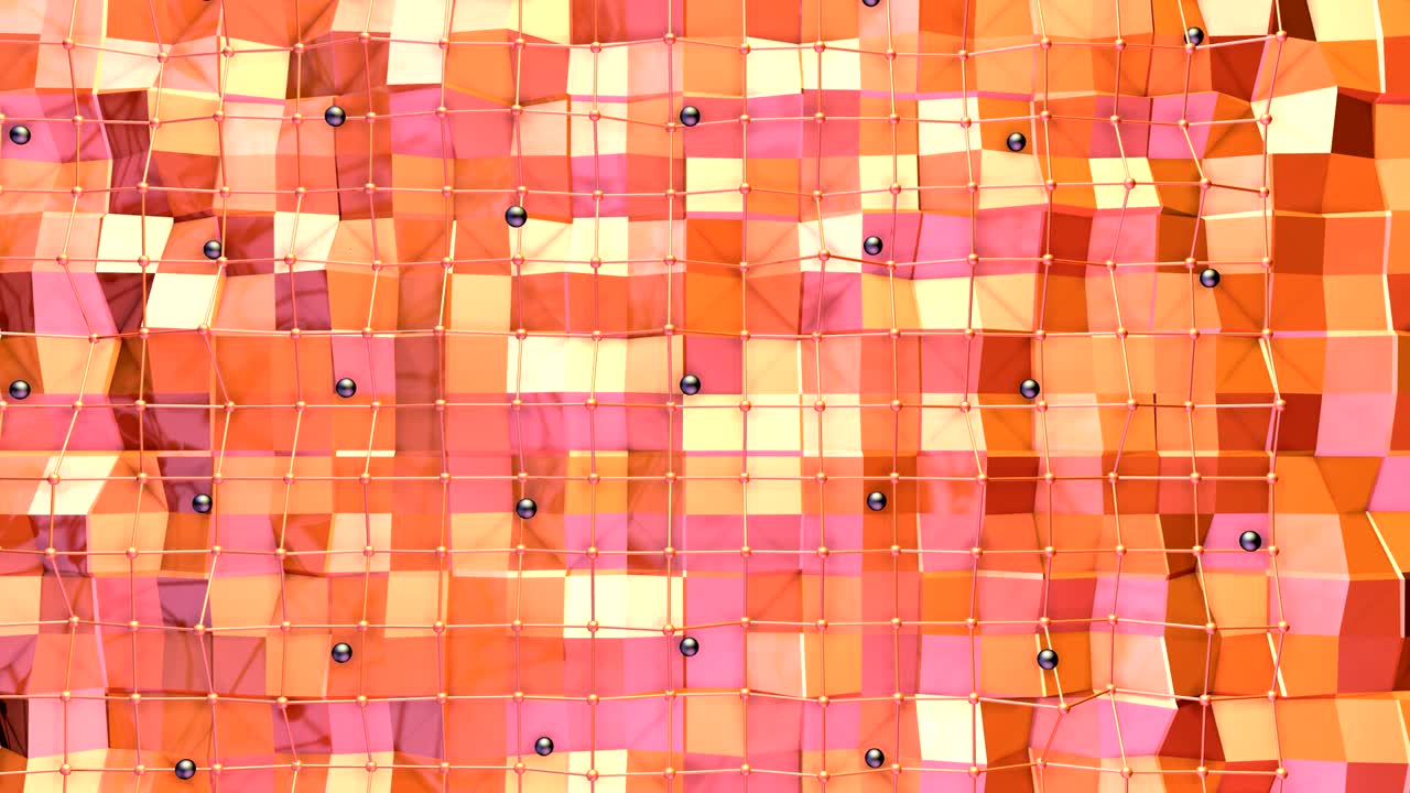 Low poly 3D surface with flying grid or mesh and black spheres as math environment. Soft geometric low poly background of pure pink orange red polygons. 4K Fullhd seamless loop background