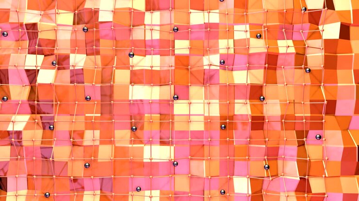 Low poly 3D surface with flying grid or mesh and black spheres as math environment. Soft geometric low poly background of pure pink orange red polygons. 4K Fullhd seamless loop background