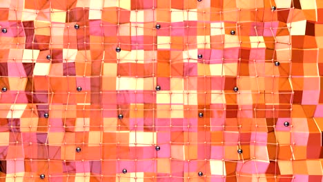 low poly 3d surface with flying grid or mesh and black spheres as math environment. soft geometric low poly background of pure pink orange red polygons. 4k fullhd seamless loop background