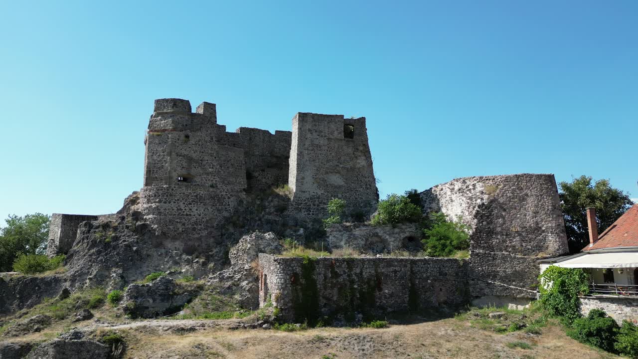 The Levicky hrad castle in Levice, Slovakia, drone revealing establishing shot