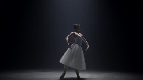 flexible ballerina standing under spotlight. ballet dancer moving hands on stage