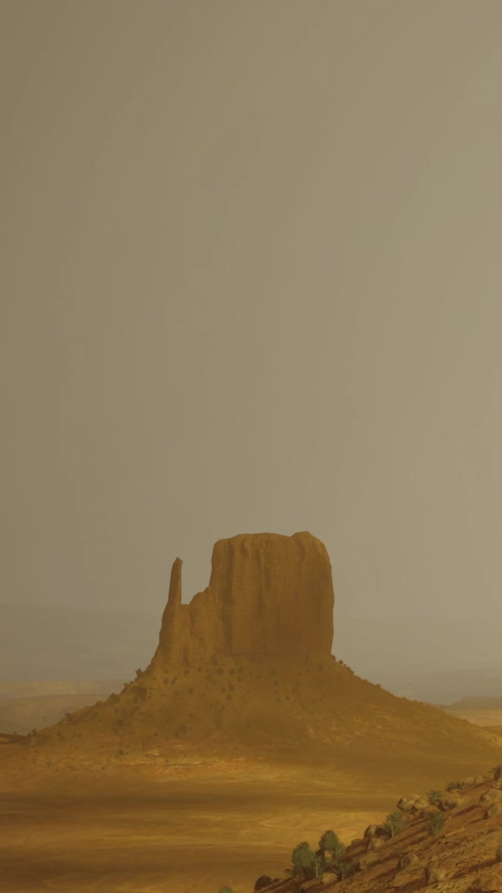 Tramonto sulla Monument Valley nello Utah con sagome di montagne e cielo arancione.