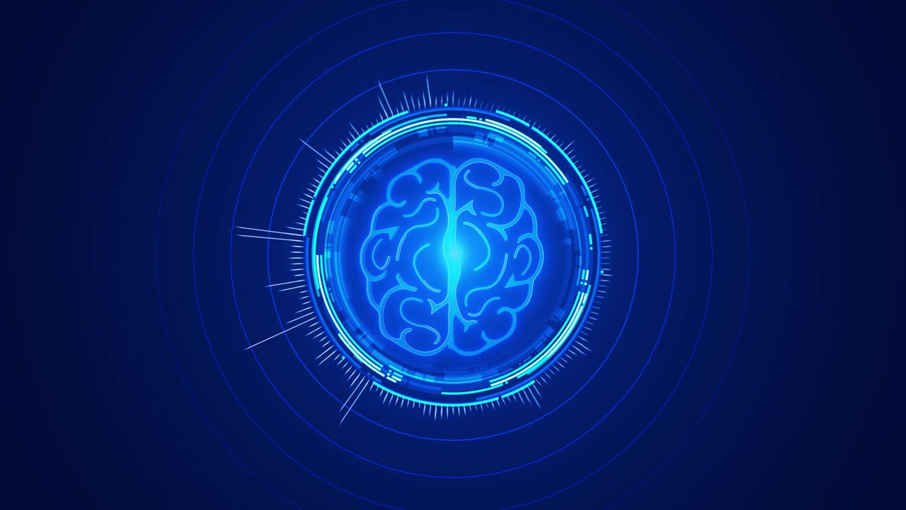 Neural intelligence digital brain visual with blue glowing mind symbol hud rings and futuristic