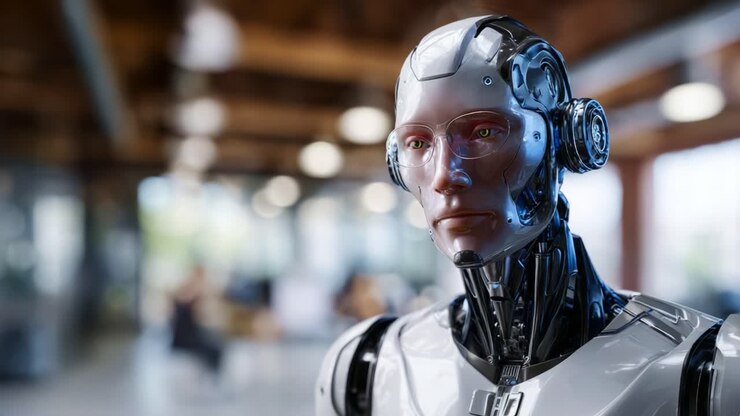 Testa di robot futuristica dalle sembianze umane con funzionalità IA avanzate ed espressioni facciali realistiche in un ambiente di lavoro moderno