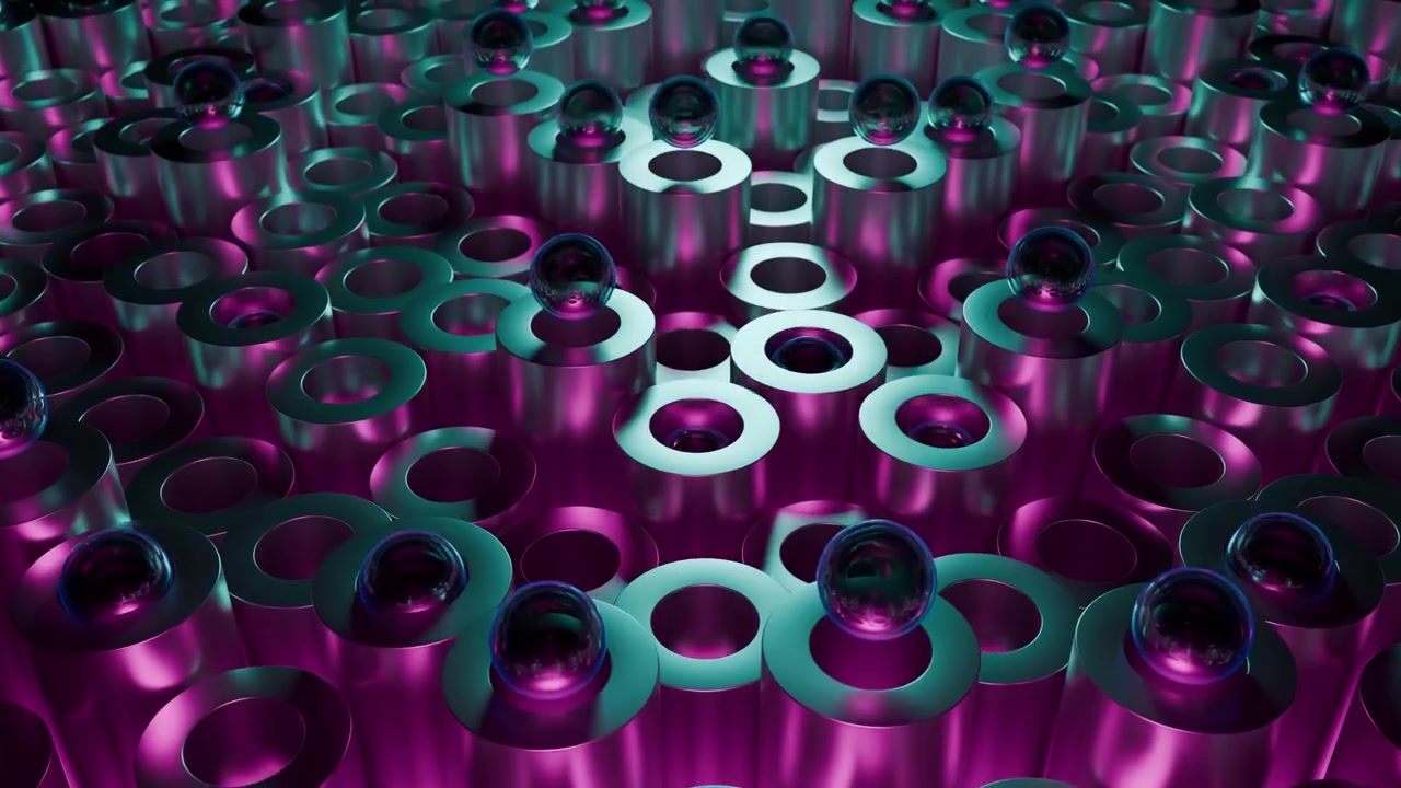 Dense abstract metallic circles and glossy dark spheres fill the frame in a futuristic magenta and teal arrangement, creating a reflective geometric pattern