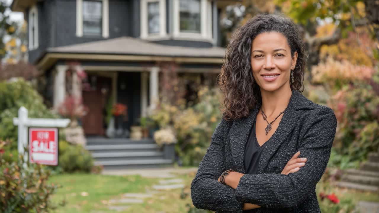 Real Estate Agent Standing Confidently in Front of a For Sale Property, Showcasing a Beautifully Landscaped Home Ready for New Owners