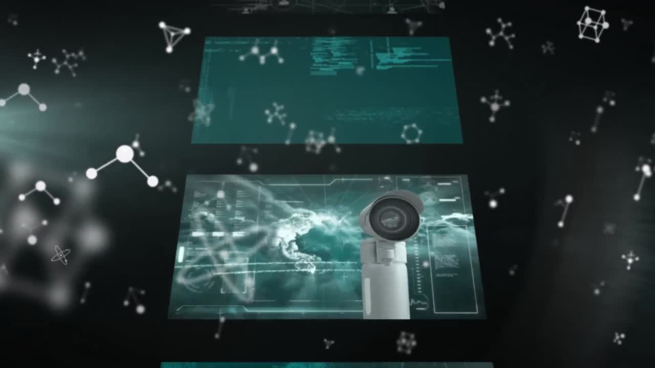 animación de conexiones blancas flotantes sobre el procesamiento de datos en cascada de pantallas de interfaz