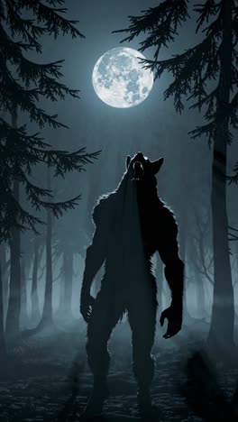 silhouetted werewolf in a moonlit forest, captured from a low angle
