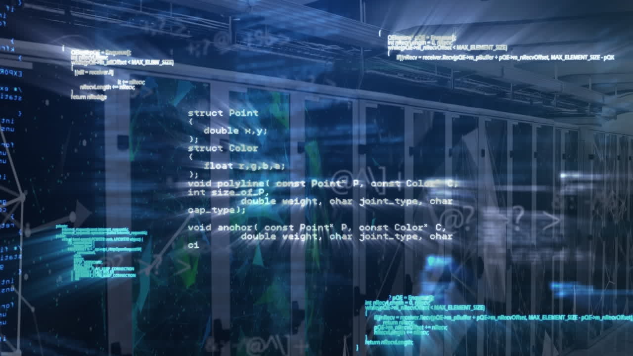 Animation of computer language, symbols over connected dots forming shapes against server room
