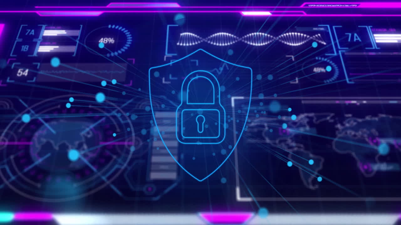 Digital lock and data processing animation over futuristic interface with graphs