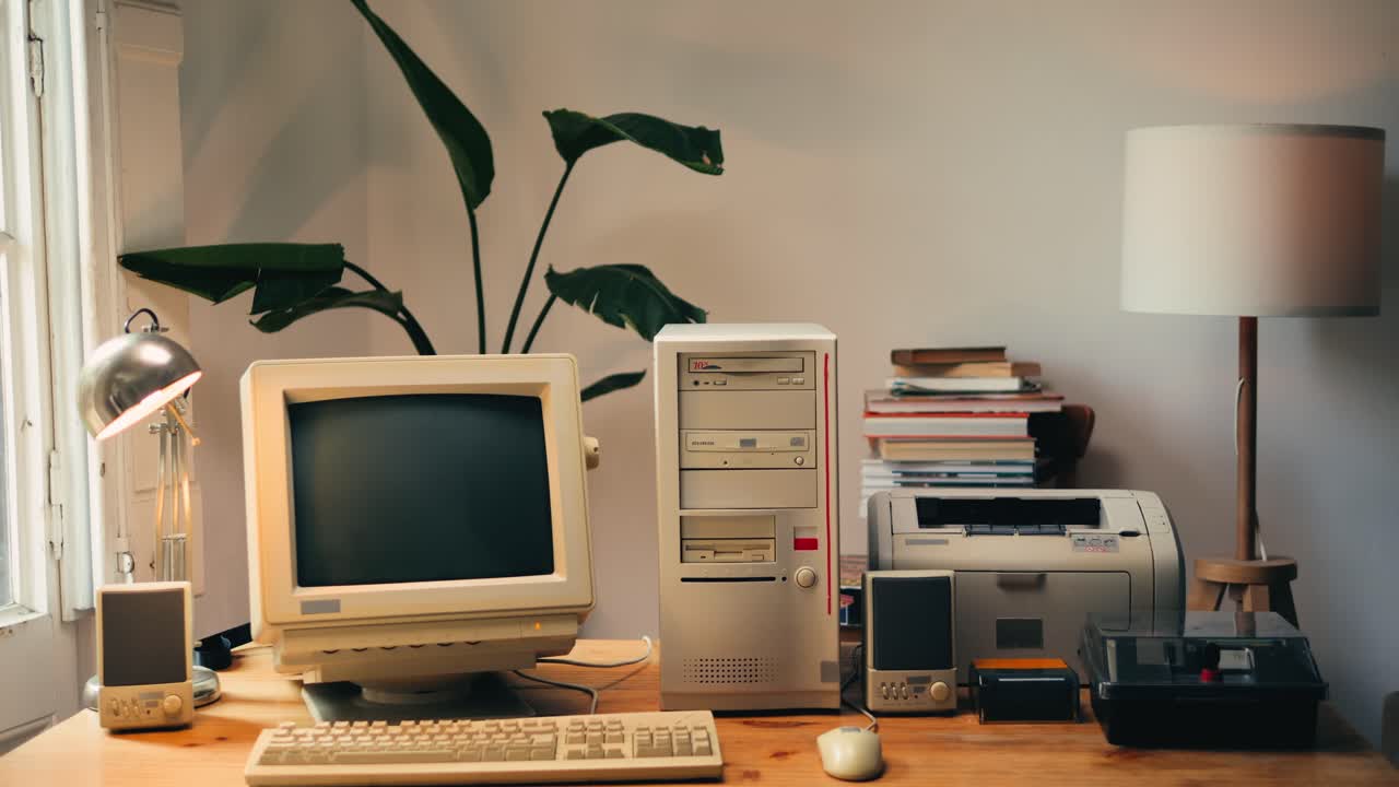 Retro pc computer gaming, Desktop vintage with loading code console, programmer making scripts, green basic screen, Old computer studio close-up, retro wave display, late 90s PC.