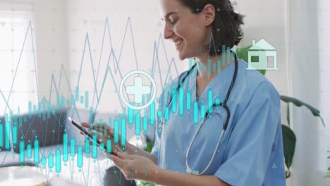 animation of data processing and icons over caucasian female doctor using tablet