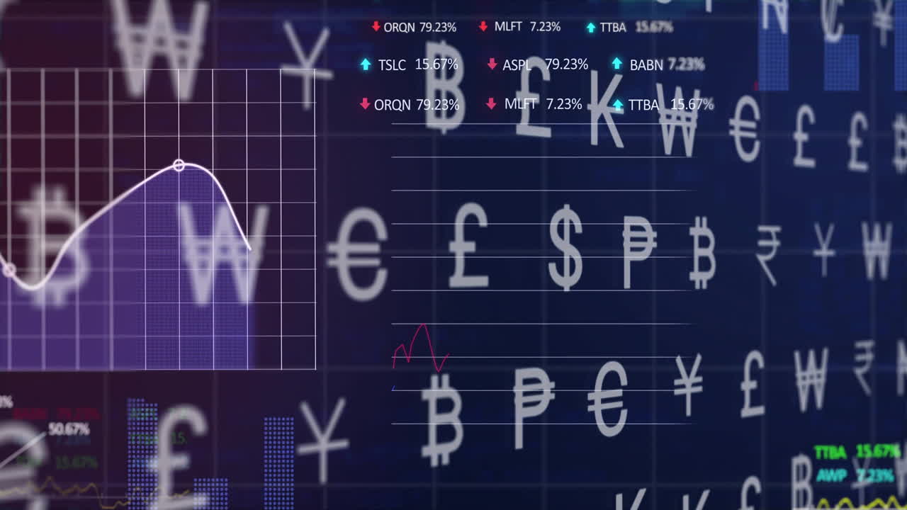 Animation of data processing and diagrams over currency symbols