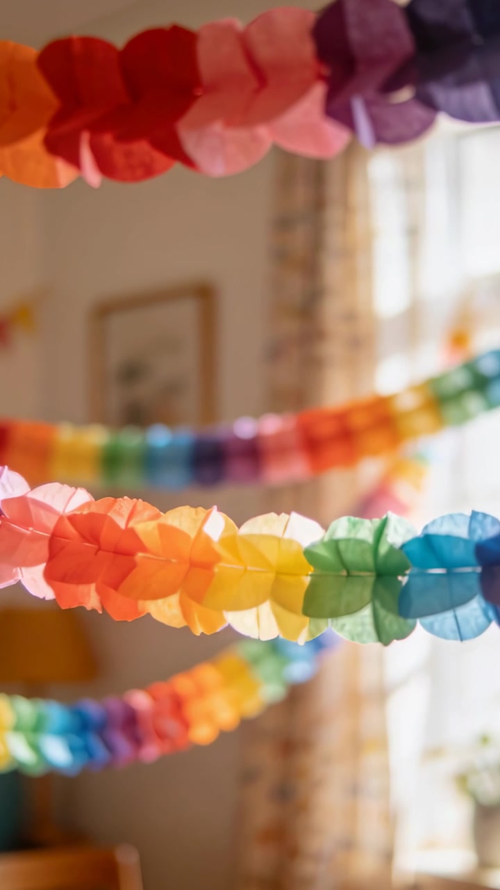 Video verticale: Telecamera che si sposta inquadrando tre ghirlande di carta arcobaleno, rivelando una finestra illuminata dal sole e una lampada.