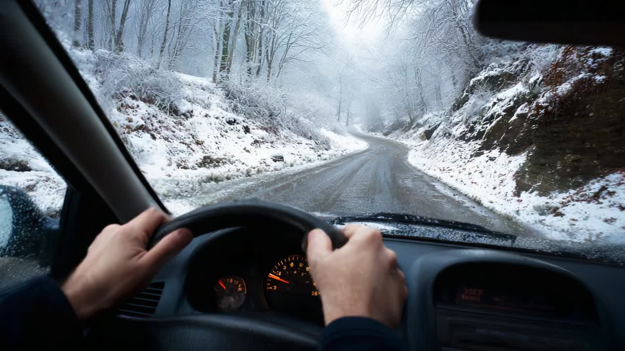 A Journey Through Winter: Capturing the Essence of Driving on a Snow-Covered Road with Hands Firmly Gripping the Steering Wheel, Surrounded by Frosty Trees and a Serene Winter Landscape Ahead