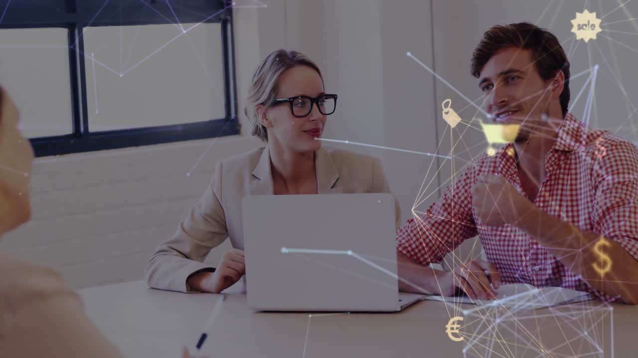 animación de la red de conexiones con iconos sobre diversas personas de negocios que se reúnen en la oficina