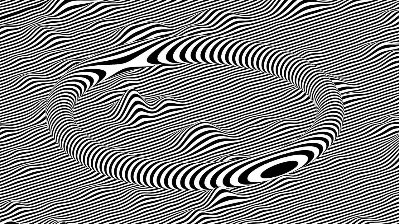 las rayas blancas y negras ondulan la superficie con un toroide en la parte superior. animación de bucle de fondo isométrico moderno. renderización 3d.