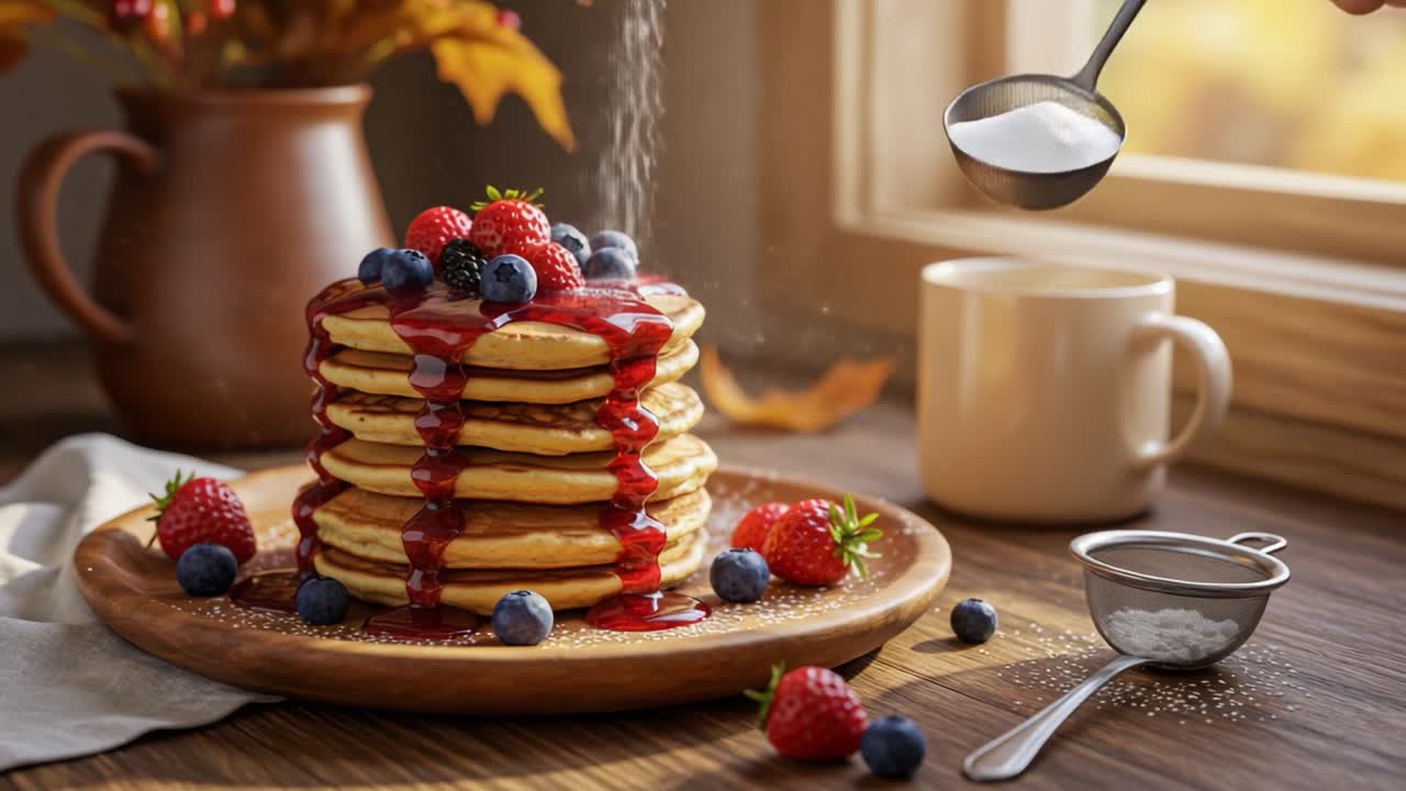 Delicious Stack of Pancakes with Berries and Powdered Sugar