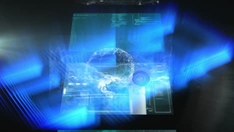 animación de pantallas de interfaz con procesamiento de datos sobre cerebro giratorio y luces azules brillantes
