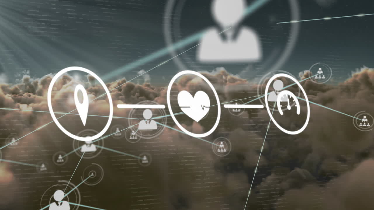 파란 하늘의 구름과 태양 위의 통신 및 미디어 아이콘 네트워크의 애니메이션