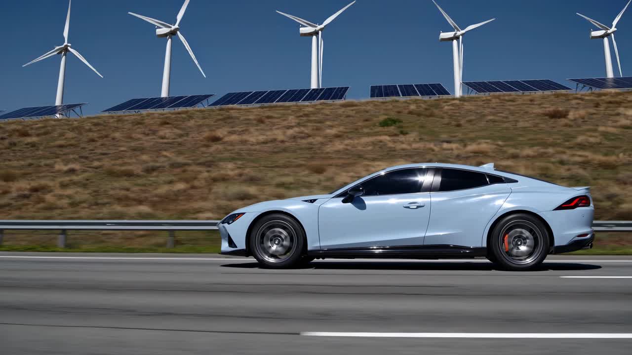 Side view of a sleek car driving on a highway, with wind turbines and solar panels