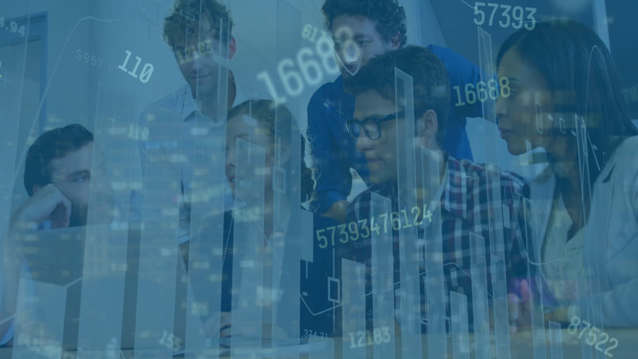 Animation of statistics and data processing over diverse business people