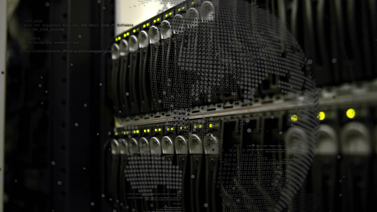 Server racks with glowing lights and digital data processing animation overlay