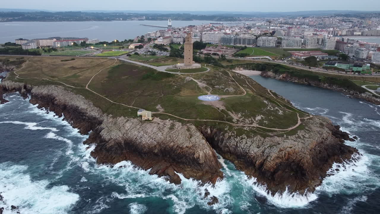 Aerial Coastal Scene of Coruna Spain with Torre de H&eacute;rcules on Peninsula