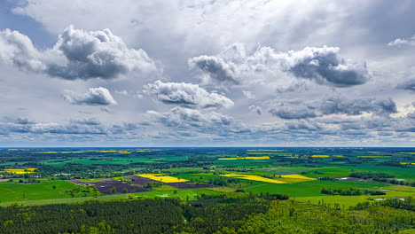panoramic view of agricultural lands under rolling clouds. timelapse