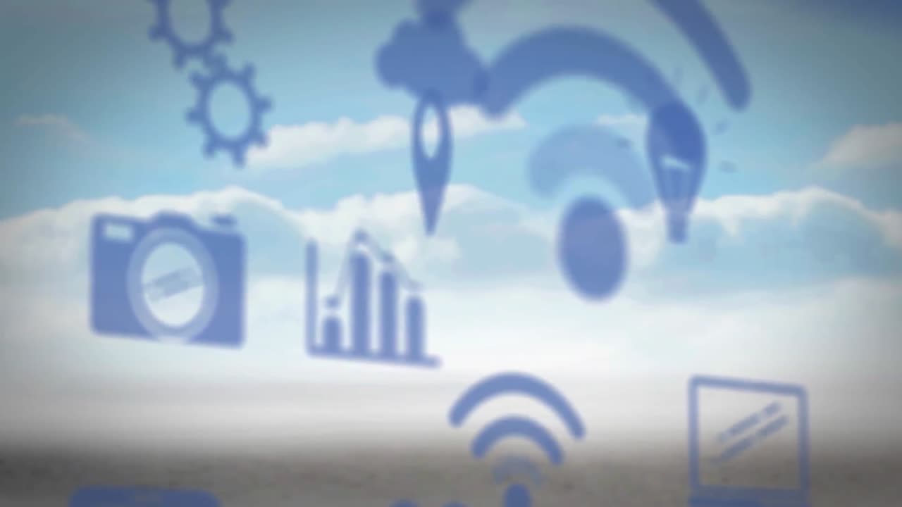 animación de iconos digitales flotando sobre nubes y paisaje del cielo