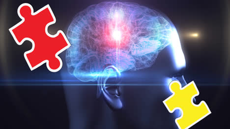 animación de piezas de rompecabezas verdes, rojas y amarillas que caen sobre el cerebro humano brillando