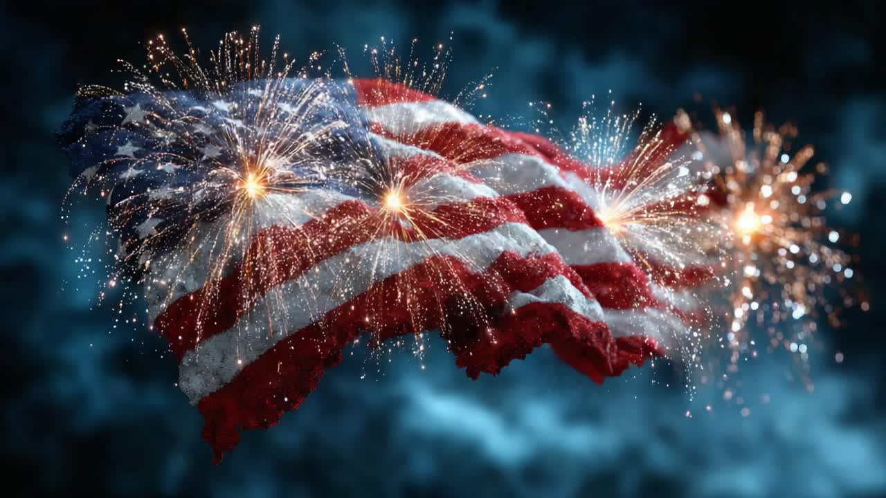 A Vibrant Display of Fireworks Illuminating the Iconic American Flag, Celebrating Patriotism with Explosive Colors Against a Night Sky