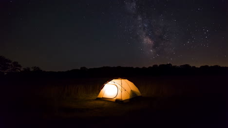 Illuminated Tent under the Milky Way at Night