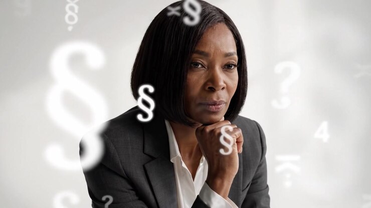 Donna contemplativa in abbigliamento da lavoro che riflette su questioni legali su uno sfondo sottile di simboli e numeri che significano questioni complesse.