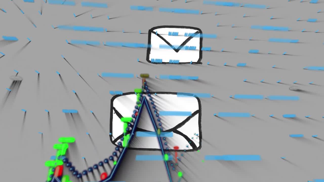 анимация обработки статистических данных над иконами сообщений на сером фоне.