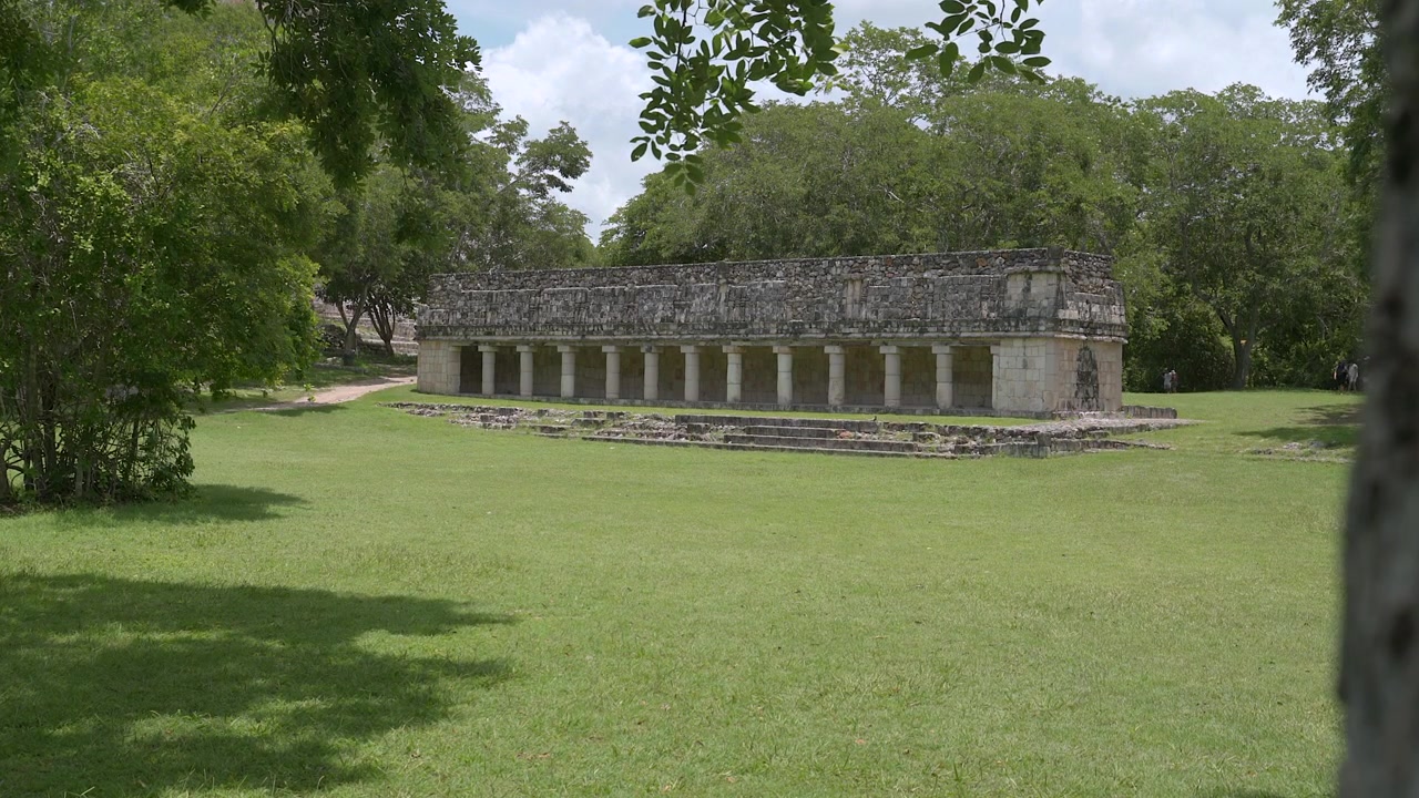 Inquadratura ampia statica della struttura del Palazzo delle Colonne circondata da prato verde e alberi della giungla presso le rovine Maya di Sayil nello Yucatan, Messico