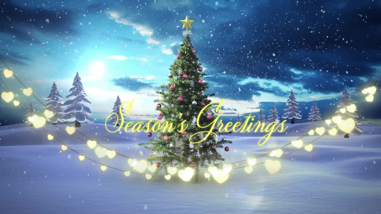 Season's Greetings animation with Christmas tree and glowing heart lights in snow