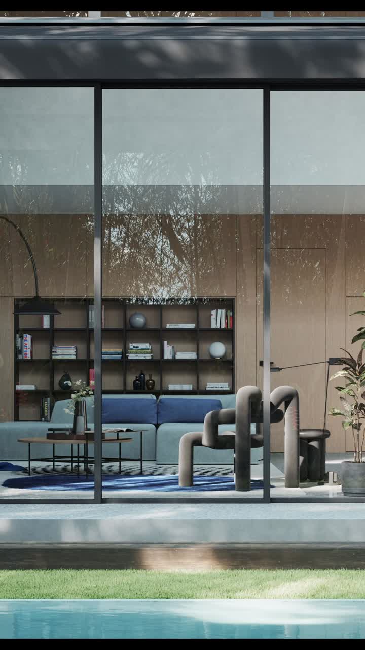 Design d’interni moderno in un soggiorno luminoso con grandi finestre e piante