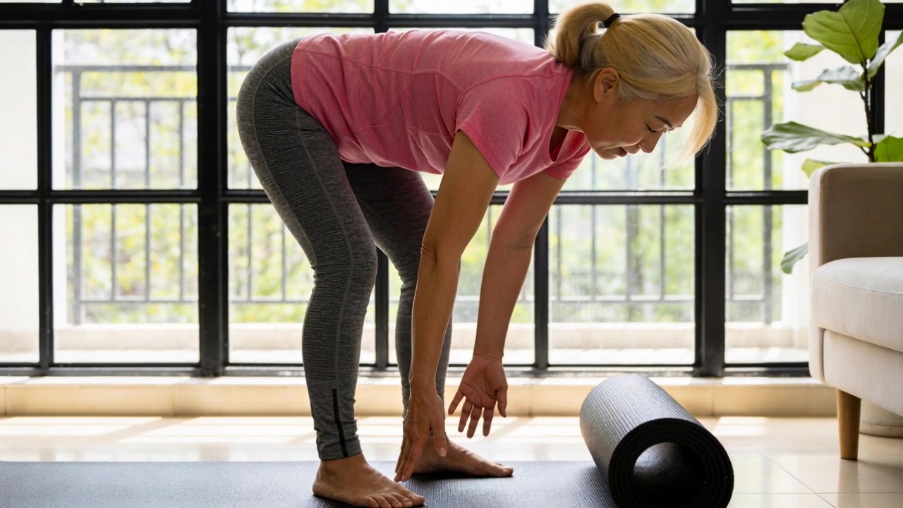 Picking foam roller, woman holding forward fold on mat at home preparing for exercise, pink top