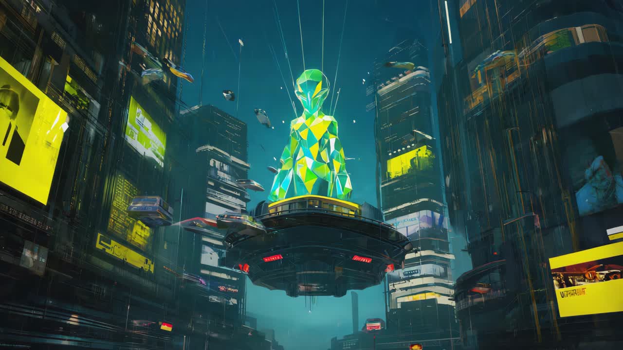 Futuristic cityscape with an alien in a flying saucer