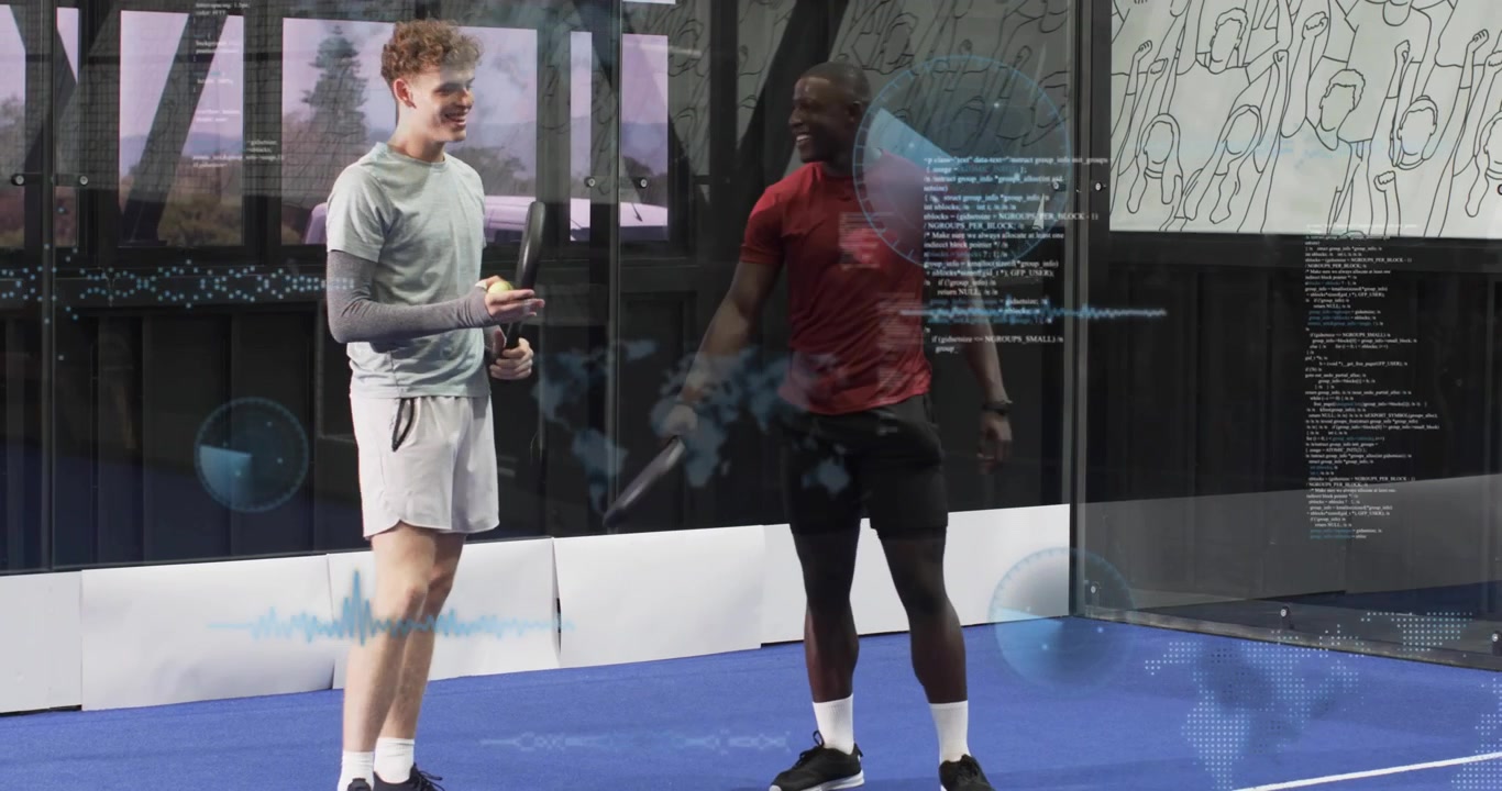 Padel coach tossing ball to trainee, guiding volley drills on blue court for training and laughter